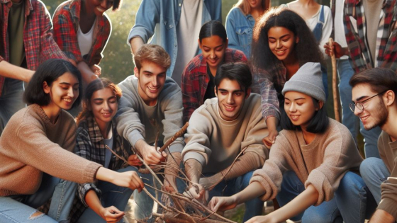 jongeren maken een vuurtje in de natuur