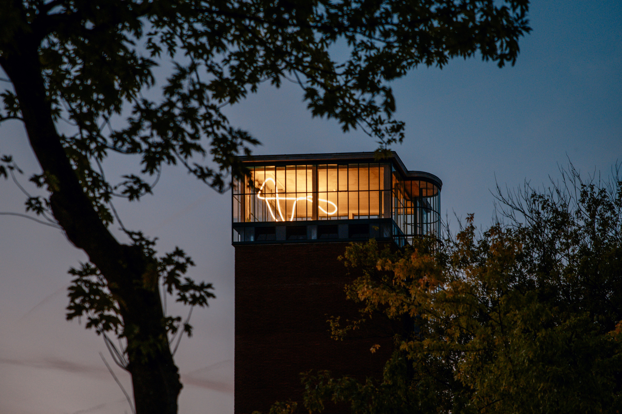 Foto bij valavond van het lichtkunstwerk in de Deelfabriek