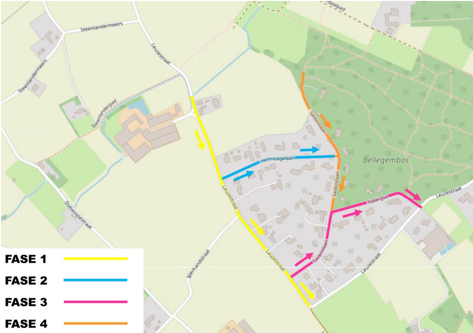 Fasering heraanleg straten Bellegembos - kaartje met kleuren per fase