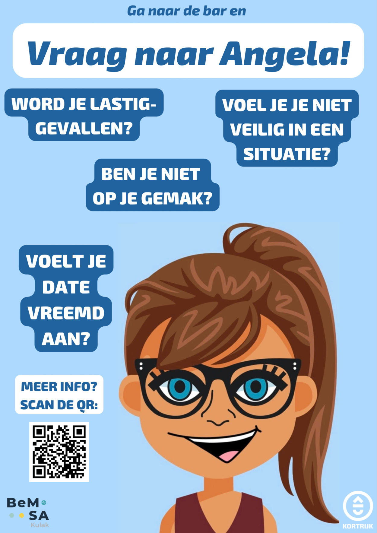 Poster met een cartoon figuurtje. Angela heeft lang bruin haar in een staartje en draagt een zwarte bril