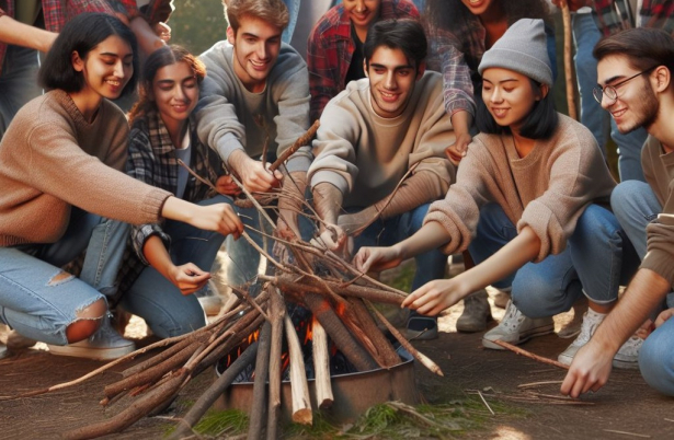 jongeren maken een vuurtje in de natuur